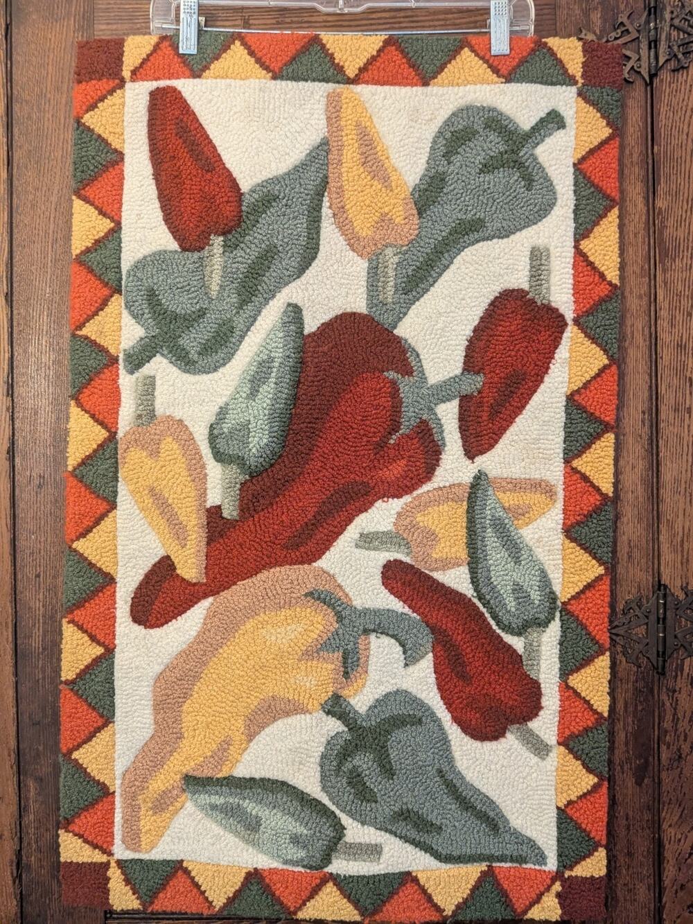 Hand Hooked Chili Pepper Rug Southwestern Accent Wall Hanging Fall Decor